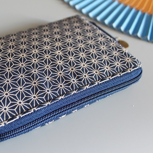 Portefeuille porte-monnaie zippé -  Asanoha bleu